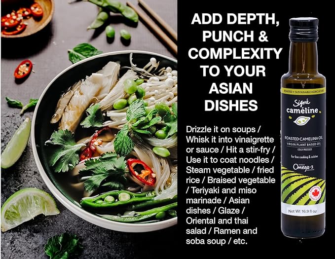 Signé Caméline, Cold-Pressed Roasted Camelina Oil, 16.90 fl oz. Sesame oil substitute. Notes of Roasted hazelnuts, Asian cuisine, Ramen noodles, Sushi, Sautés. Product of Canada.