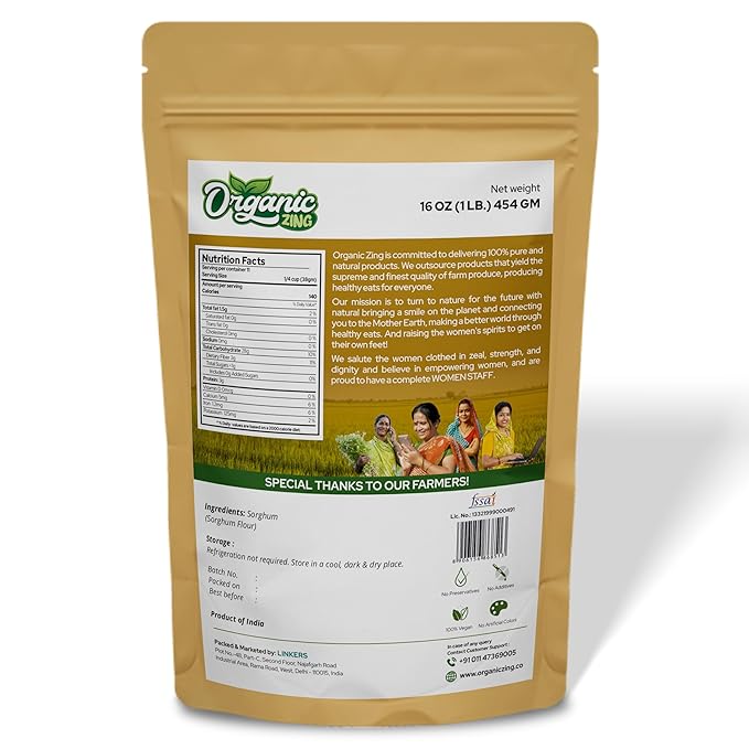 Organic Zing Pure and Organic Sorghum Flour | Organic Jowar Flour | Sorghum Flour Gluten Free | USDA Certified | Product of India - 454 gm (16 oz) - Pack of 4