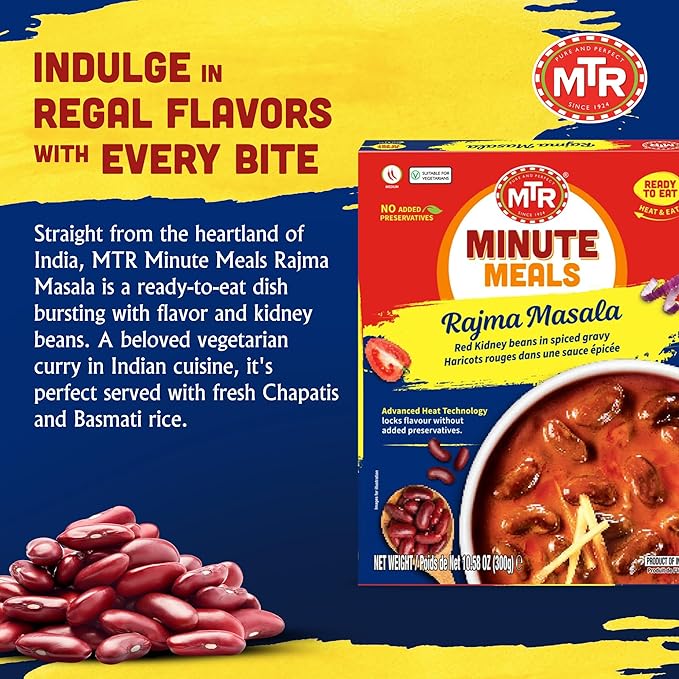 MTR - Minute Meals: Rajma Masala - Red Kidney Beans in Spiced Gravy - Authentic Indian Ready-to-Eat Meal - No Added Preservatives - A Quick Meal Suitable for Vegetarians, Ready in Minutes! (Pack of 6)