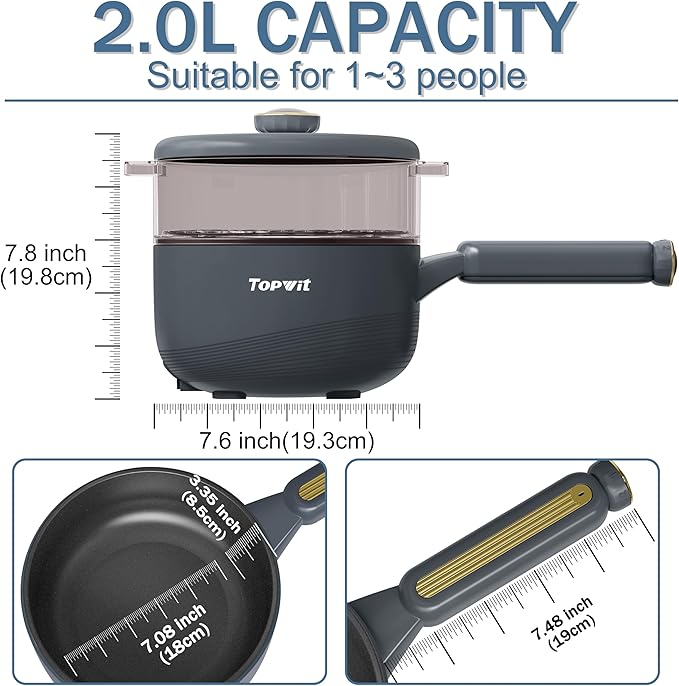 TOPWIT Hot Pot Electric with Steamer, 2L Multifunctional Electric Pot, Non-Stick Saut챕 Pan, Portable Pot for Steak, Fried Rice, Ramen, Soup with Dual Power Control (Silicone Spatula Included), Grey