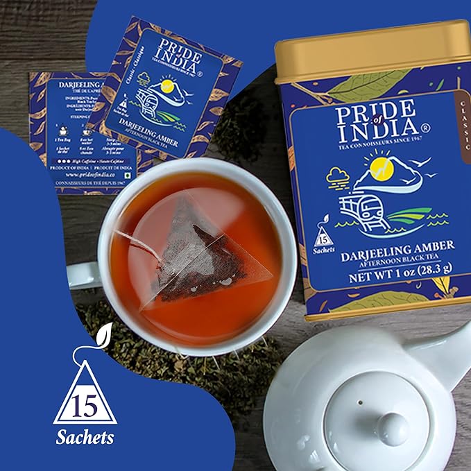 Pride of India | PACK of 6 - Darjeeling Amber: Afternoon Black Tea | 15 Pyramid Full Leaf Individually Wrapped Tea Bags | Smooth, Musky, Flowery Flavor| Single Estate Certified Classic Tea