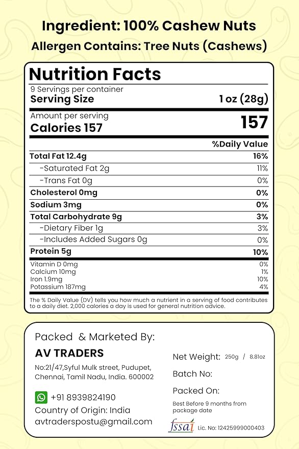 RAEN HAVEN Whole Cashew Nuts - 8.82 oz (250gm)??Organic, Crunchy Snack, Freshly Packed, High in Protein ??Great for Snacking or Gifting - Pack of 1