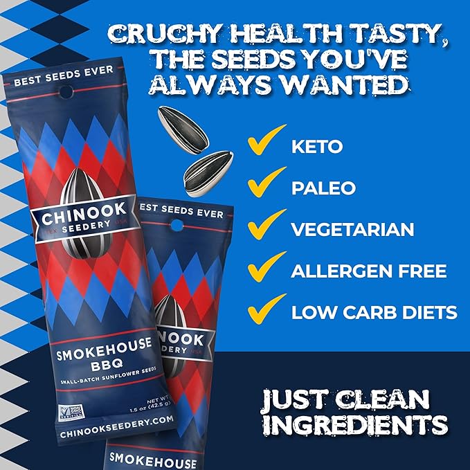 Chinook Seedery Roasted Sunflower Seeds to Eat - 1.5 oz (Pack of 36) Smokehouse BBQ - Jumbo Low Sodium Sunflower Seeds Keto Snacks - Adventure, Baseball, School Snacks - Gluten Free, Non GMO Snacks