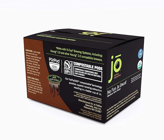 No Fun Jo Decaf: 12 Organic Compostable Pods for Keurig K-Cup Compatible Brewers, Swiss Water Process Single Serve Coffee Medium/Dark Roast Fair Trade