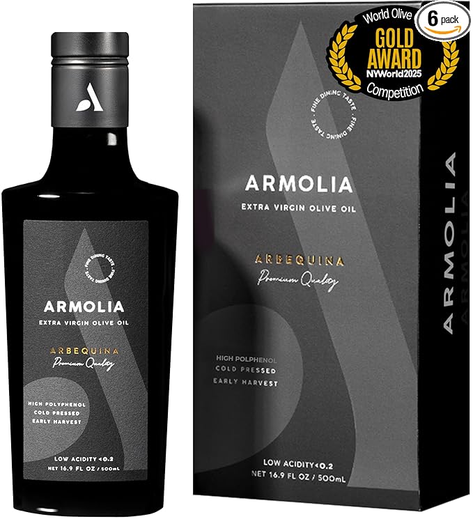 ARMOLIA 6-Pack Olive Oil Extra Virgin, Cold Pressed, Early Harvest, High Polyphenol (<400mg/kg), Low Acidity (0.14%), 2025 Gold Award Winner, Drinking Premium Glass Bottle EVOO ( 6 Pack x 500mL, 101.4 Oz )