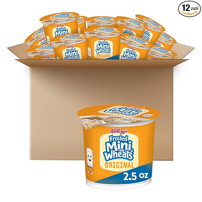 Kellogg's Frosted Mini-Wheats Breakfast Cereal Cups, High Fiber Cereal, Kids Snacks, Original, 30oz Case (12 Cups)