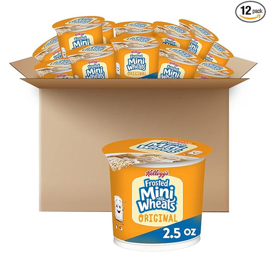 Kellogg's Frosted Mini-Wheats Breakfast Cereal Cups, High Fiber Cereal, Kids Snacks, Original, 30oz Case (12 Cups)