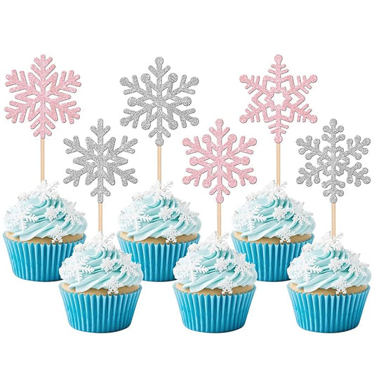 24 PCS Snowflake Cupcake Toppers Glitter Frozen Snowflake Cupcake Picks Winter Wonderland Cake Decorations for Winter Frozen Theme Baby Shower Kids Birthday Christmas Party Supplies Silver Pink