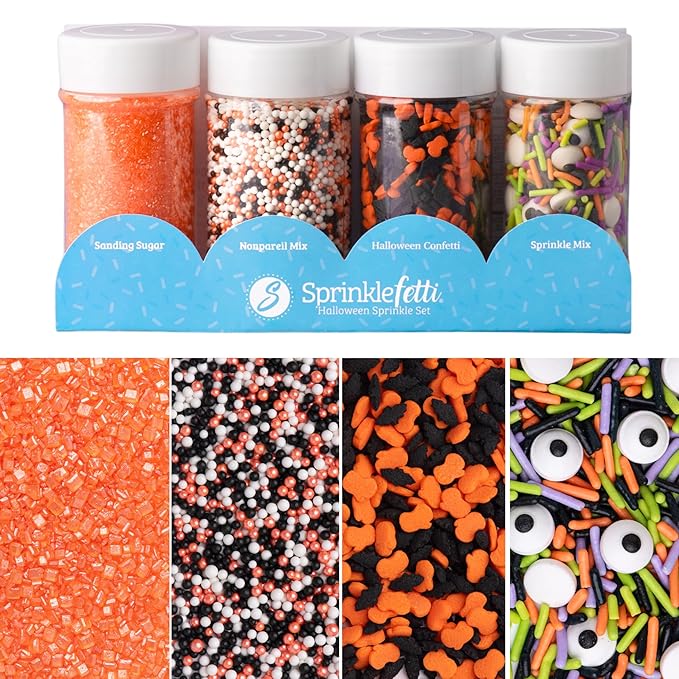 Sweets Indeed Halloween Sprinkles 4-Pack ??10.90 oz Jar Set | Candy Eyeball Mix, Bat & Pumpkin Quin Mix, Orange Sanding Sugar & Black/White/Orange Nonpareils | Cupcake & Cookie Decorations