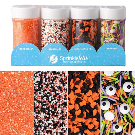 Sweets Indeed Halloween Sprinkles 4-Pack ??10.90 oz Jar Set | Candy Eyeball Mix, Bat & Pumpkin Quin Mix, Orange Sanding Sugar & Black/White/Orange Nonpareils | Cupcake & Cookie Decorations