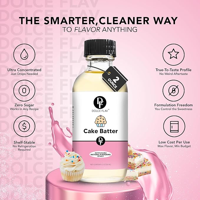 Dolce Flav Natural Cake Batter Extract ??2 Ounce Water-Soluble Kosher, Sugar-Free, Concentrated Birthday Cake Flavor for Frosting, Cupcakes & Ice Cream, Includes Measured Dropper