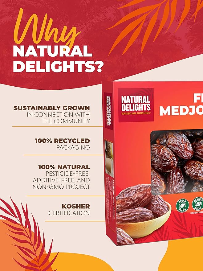 Natural Delights Medjool Dates – Large & Plump Whole Dates Medjool, Non-GMO Verified, Good Source of Fiber, Naturally Sweet Fruit Snack, Perfect for On-the-Go - Medjool Dates Whole, 5 lb Box