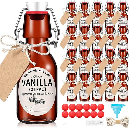 Vesici 20 Sets Swing Top Glass Bottles Set Amber Homemade Vanilla Extract Bottles with Stoppers Stickers Caps Jar Brush Funnel Rope Labels Vanilla Extract Jars for Holiday DIY Crafts (4 oz)