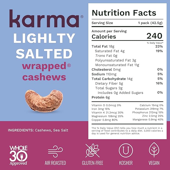 Lightly Salted Cashews with Skin by Karma Nuts, Whole, Roasted, Vegan, Gluten Free, Low Net Carb, Natural, No Sugar Added, Keto Friendly, Everyday Nut Snack, 1.5 Ounce (12 Snack Packs)