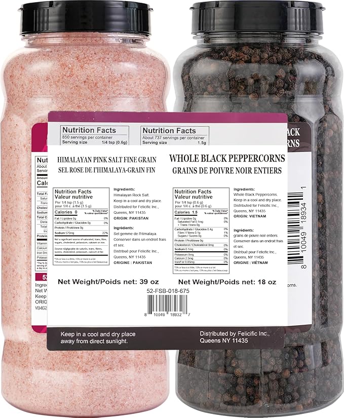 52USA Whole Black Peppercorns 18 oz + Himalayan Pink Salt (Fine Grain) 39 oz, Salt and Pepper Grinder, Black Peppercorn Refil, Kosher, Pink Himalayan Sea Salt, 2 Piece Set