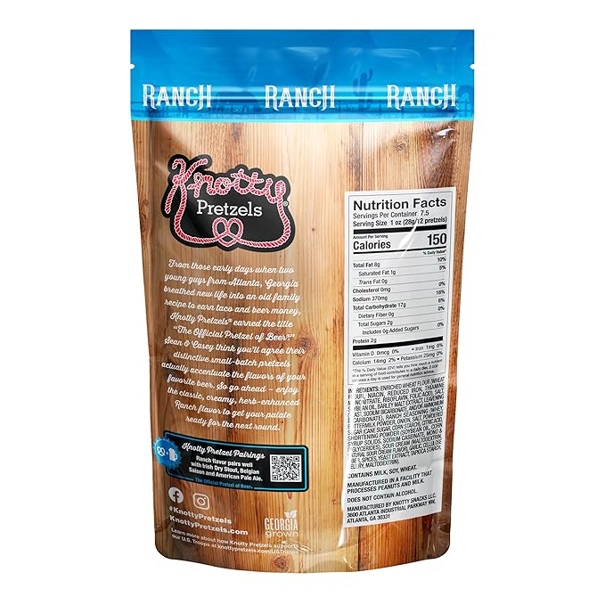 Knotty Pretzels ?쏷he Official Pretzel of Beer??7.5 oz Individual Seasoned Pretzels in Resealable Pretzel Snack Bags, The Perfect Pairing for Beer, Ranch Flavor (3-Pack)