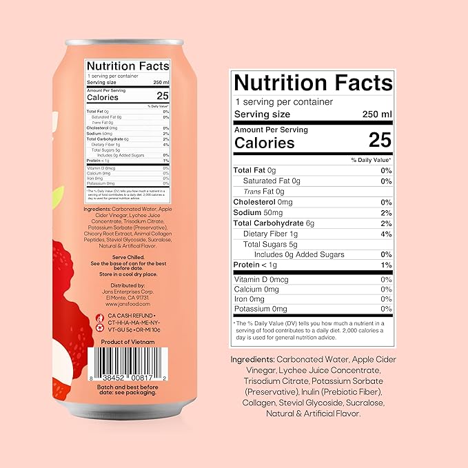Jans Sparkling Prebiotic with Collagen Soda Beverage ??Lychee 8.4 Fl Oz (6-Pack) ??Low Calorie, NO Added Sugar, Non-GMO Sparkling Fruit Beverage, Gut Health Support
