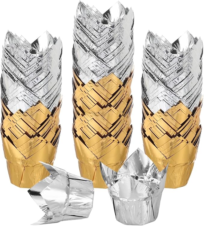 uxcell 100 Pcs Tulip Cupcake Liners, Muffins Liners Aluminum Foil Cupcake Wrappers Baking Cups Muffins Liners for Wedding Birthday Party Supplies, Gold/Silver