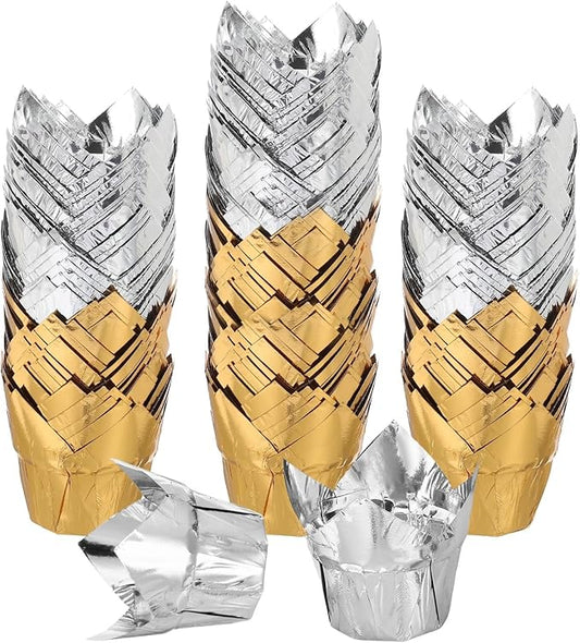 uxcell 100 Pcs Tulip Cupcake Liners, Muffins Liners Aluminum Foil Cupcake Wrappers Baking Cups Muffins Liners for Wedding Birthday Party Supplies, Gold/Silver