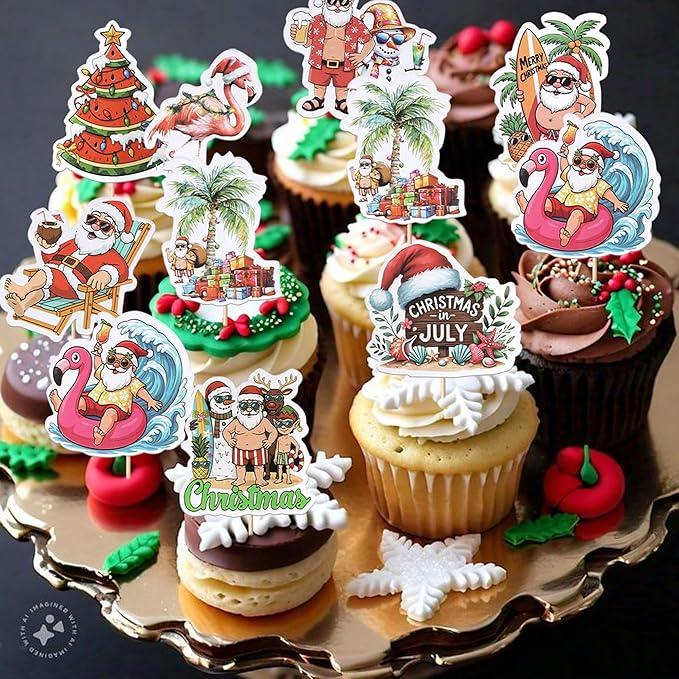 Rsstarxi 40 Pack Summer Christmas Cupcake Toppers Christmas in July Cake Decorations Santa Surfboard Snowman Flamingo Cupcake Picks for Summer Beach Pool Birthday Party Decors