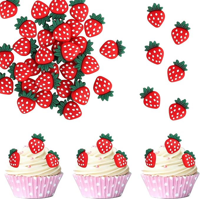YCTHUNFISH 30 Pack Strawberry Cupcake Toppers Red Glitter Strawberry Cupcake Picks for Fruit Baby Shower Kids Birthday Summer Berry Cupcake Decorations Party Supplies