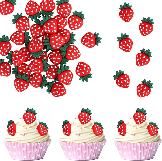 YCTHUNFISH 30 Pack Strawberry Cupcake Toppers Red Glitter Strawberry Cupcake Picks for Fruit Baby Shower Kids Birthday Summer Berry Cupcake Decorations Party Supplies