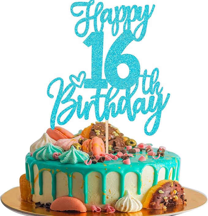 1 PCS Happy 16th Birthday Cake Topper Glitter Cheers to 16 Years Birthday Cake Pick Sixteen Sweet 16 Cake Decoration for Happy 16th Birthday Anniversary Theme Party Decorations Supplies Blue