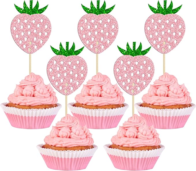 24 Pack Strawberry Cupcake Toppers Glitter Birthday Strawberry Cupcake Picks for Fruit Baby Shower Kids Birthday Summer Berry Cupcake Decorations Party Supplies Pink