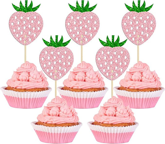 24 Pack Strawberry Cupcake Toppers Glitter Birthday Strawberry Cupcake Picks for Fruit Baby Shower Kids Birthday Summer Berry Cupcake Decorations Party Supplies Pink