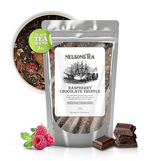 Nelson's Tea Raspberry Chocolate Truffle - Loose Leaf Black Tea with Raspberry Leaf, Rooibos, Truffle Essence, Carob Beans, Hibiscus & Chocolate Chips, Infused with Natural Flavors - 2 oz.