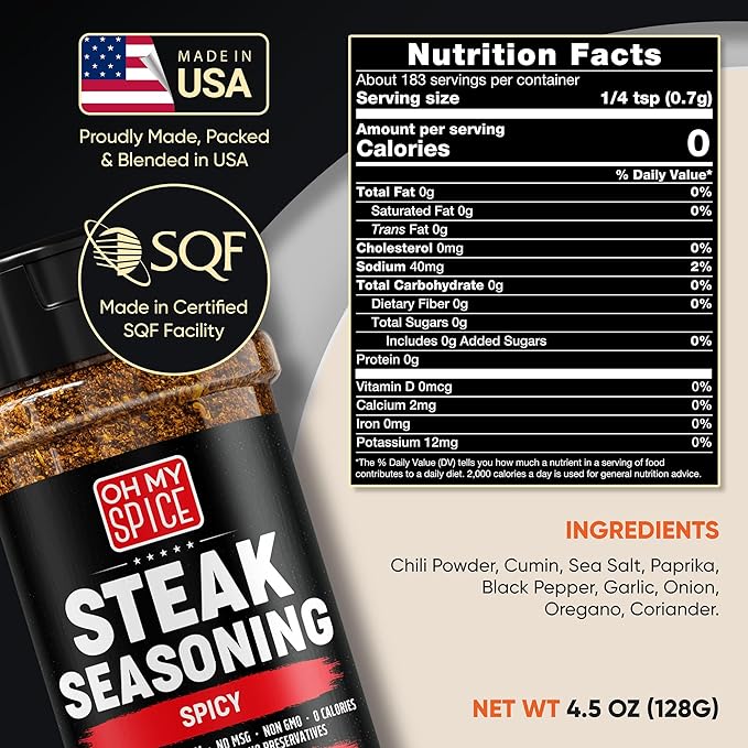 Steak Seasoning Spicy Blend Mix - Gluten Free & Low Sodium Hot Meat Seasoning for Beef, Ribeye & New York Strip Steaks. Spicy Steak Seasonings for Grilling. Gourmet Steaks Spices Salt. BBQ Rub. 4.5oz
