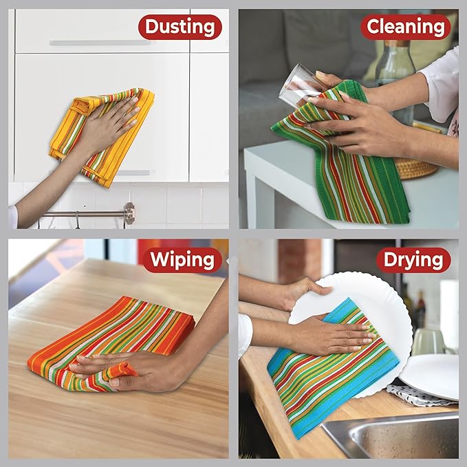 Salsa Stripe Kitchen Towels 100% Cotton Dish Towels for Kitchen Multi Color Highly Absorbent Multi-Purpose Waffle Dish Cloths for Cleaning Soft Hand Bar Towels 20x28 Inches (Set of 4)