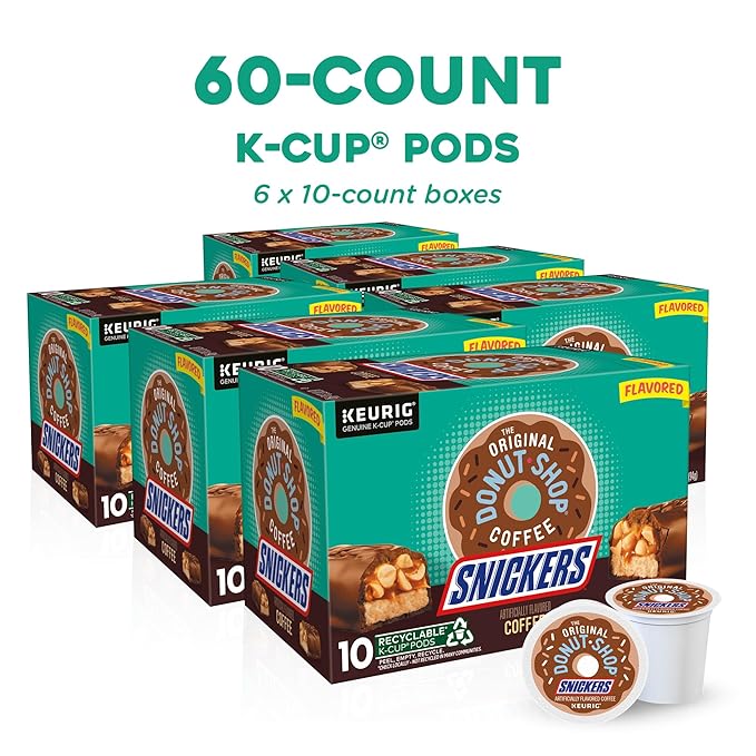 The Original Donut Shop Snickers Coffee, Keurig Single Serve K-Cup Pods, Flavored Coffee, 60 Count, (6 Packs of 10)