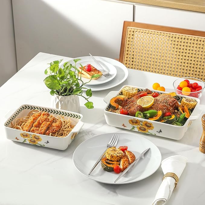 Ceramic Baking Casserole Dish with Handles, Large 8x13 inch & 6x10 inch Pan and Middle Baking Pan - Porcelain Serving Bakeware Set (Sunflower)
