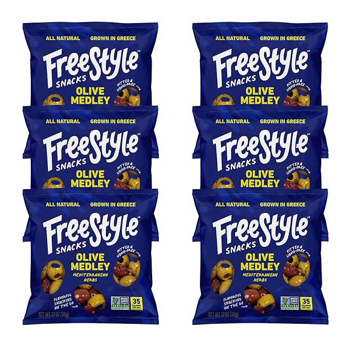 Freestyle Snacks Olive Medley Snack Packs - Single Serve - Fresh Pitted Olives, Jumbo-Sized, Grown in Greece, All Natural, Non-GMO, Paleo, Sugar-Free, Salty Snack - Mediterranean Herb, 1.1oz (6 Pack)