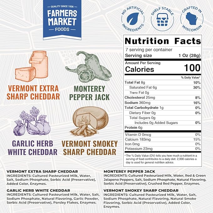 Farmers Market, Gluten Free, Keto, Paleo, Low Sodium, Zero Sugar, Wisconsin Cheese Gift Sets, 6 Count