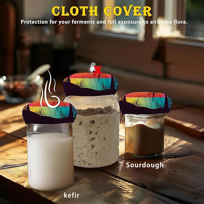 Tropical Palm Cloth Covers for Sourdough Starter Jars, Tree Sunset Heat Preservation to Increase Fermentation for Bread Sewn Cloth Cover for Sourdough Starterç«? Packç«?,<div>
