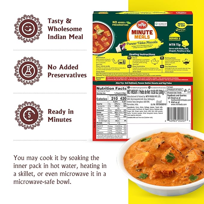MTR - Minute Meals: Paneer Tikka Masala - Cottage Cheese with Spicy Onion Gravy - Tasty Indian Meal with No Added Preservatives - A Quick Meal Suitable for Vegetarians, Ready in Minutes! (Pack of 6)