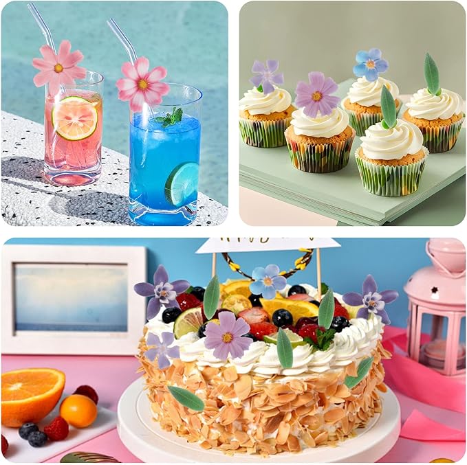 60 Pcs Edible Flowers Cake Decorations - Edible Flowers Wafer Paper Flowers & Leaves Cupcake Toppers for Wedding Birthday Party Cake Decorating (Mixed Size & Colour)