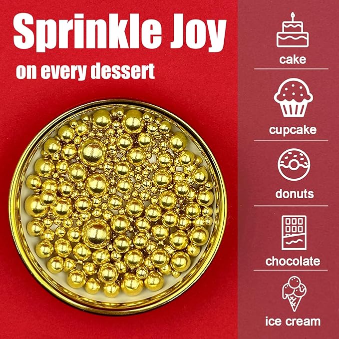 Sprinkles for Cake Decorating, Gold Silver White and Black Pearl Sprinkles Mix for Cookie Baking Ice Cream Cupcake Topping