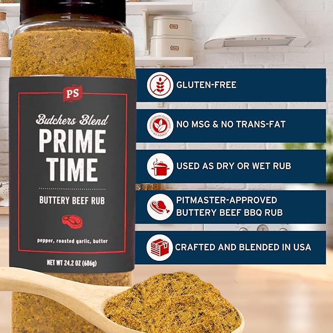 PS Seasoning Prime Time Butchers Blend - Buttery Garlic and Herb BBQ Seasoning & Beef Rub for Smoking, Grilling or Baking - Dry BBQ Rubs and Spices for Grilling Steaks, Pork, Chicken, Beef, 24.2oz