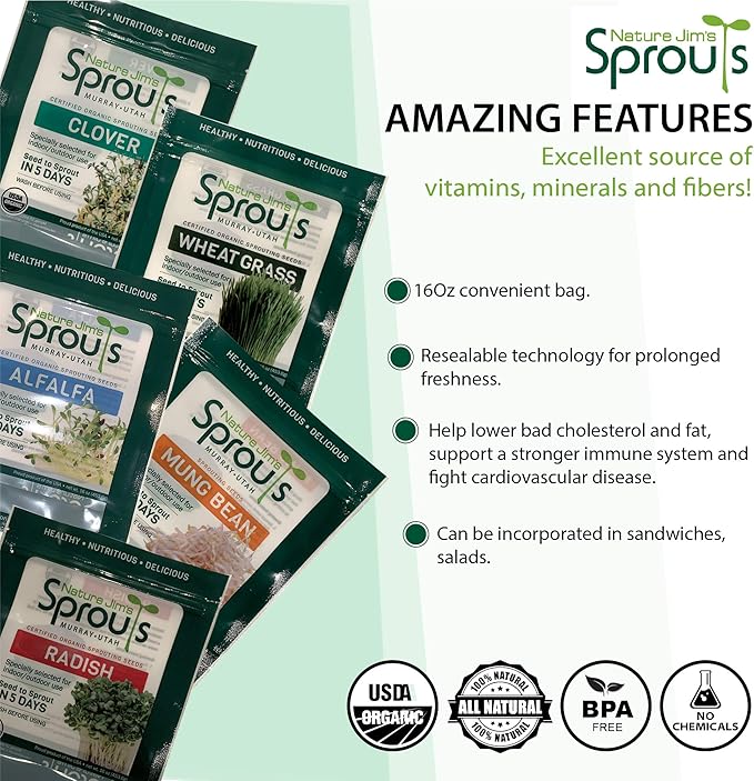 Nature Jims Sprouts Sunflower Seed - Certified Organic Black Oil Sunflower Sprouts for Soups - Raw Bird Food Seeds - Non-GMO, Chemicals-Free - Easy to Plant, Fast Sprouting Sunflower Seeds - 8 Oz