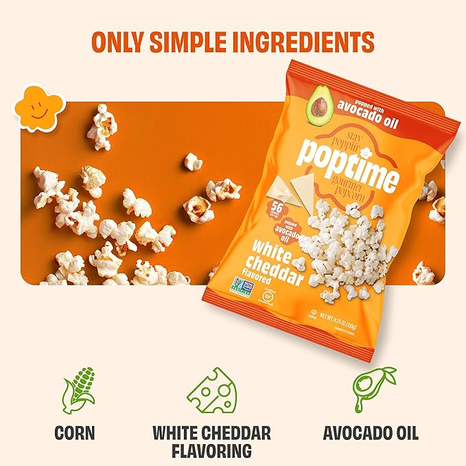 Poptime White Cheddar Popcorn Snack Bags ??Gourmet Popcorn Bags, Healthy Snack With Heart-Healthy Avocado Oil, Crunchy, Cheesy, Gluten Free, Vegan, Low Calorie, Non-GMO, Kosher - 4.75 oz - Pack 12