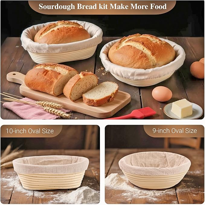 Sourdough Bread Proofing Basket Kit,9" Round and 10" Oval Banneton Basket with Liners & Covers,Bread Baking Supplies with Bread Lame, Dough Whisk, Brush,Bowl Scraper,Brush and Scraper