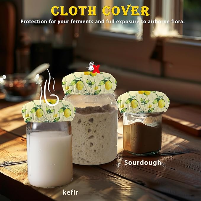 Cloth Covers for Sourdough Starter Jars, Groovy Yellow Lemon Heat Preservation to Increase Fermentation for Bread Sewn Cloth Cover for Sourdough Starterç«? Packç«?,<div>