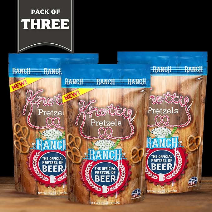 Knotty Pretzels ?쏷he Official Pretzel of Beer??7.5 oz Individual Seasoned Pretzels in Resealable Pretzel Snack Bags, The Perfect Pairing for Beer, Ranch Flavor (3-Pack)