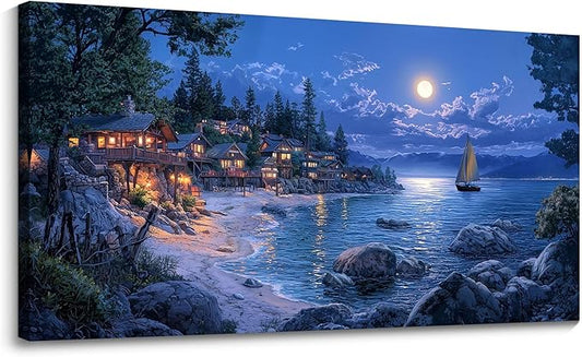 CHATYOUNG Bedroom Ocean Wall Art, Large Moon Night Sea View Canvas Wall Pictures Seashore Navy Blue Modern Artwork Wall Painting for Bedroom Living Room Kitchen Home Office Decor 29x58 IN