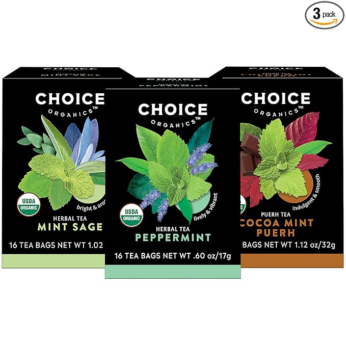 Choice Organic Teas - Mint Tea Variety Pack Sampler - Includes Peppermint, Mint Sage, and Cocoa Mint Puerh Organic Teas - 48 Tea Bags (Pack of 3)