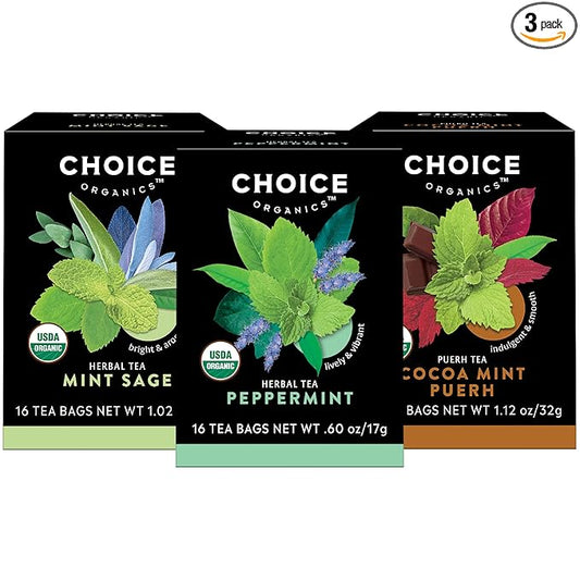 Choice Organic Teas - Mint Tea Variety Pack Sampler - Includes Peppermint, Mint Sage, and Cocoa Mint Puerh Organic Teas - 48 Tea Bags (Pack of 3)