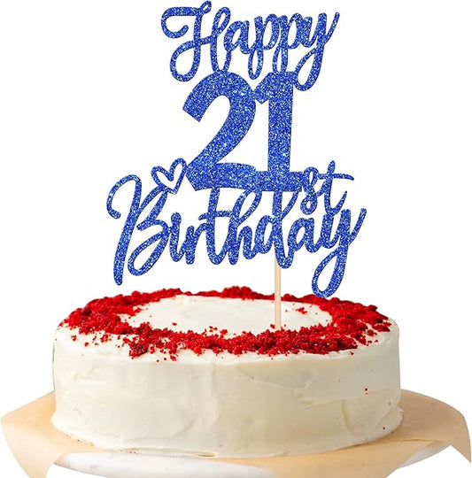 ZHUOWEISM 1 PCS Blue Glitter Cake Topper, Happy 21st Birthday, Cheers to 21 Years, 21 Fabulous, for Birthday Anniversary Party Decorations Supplies
